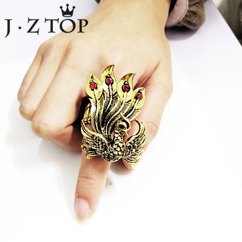 

JZTOP Luxury Crystal Phoenix Animal Rings Woman Retro Gold Silver Color Peacock Elasticity Big Ring Girl Punk Statement Jewelry