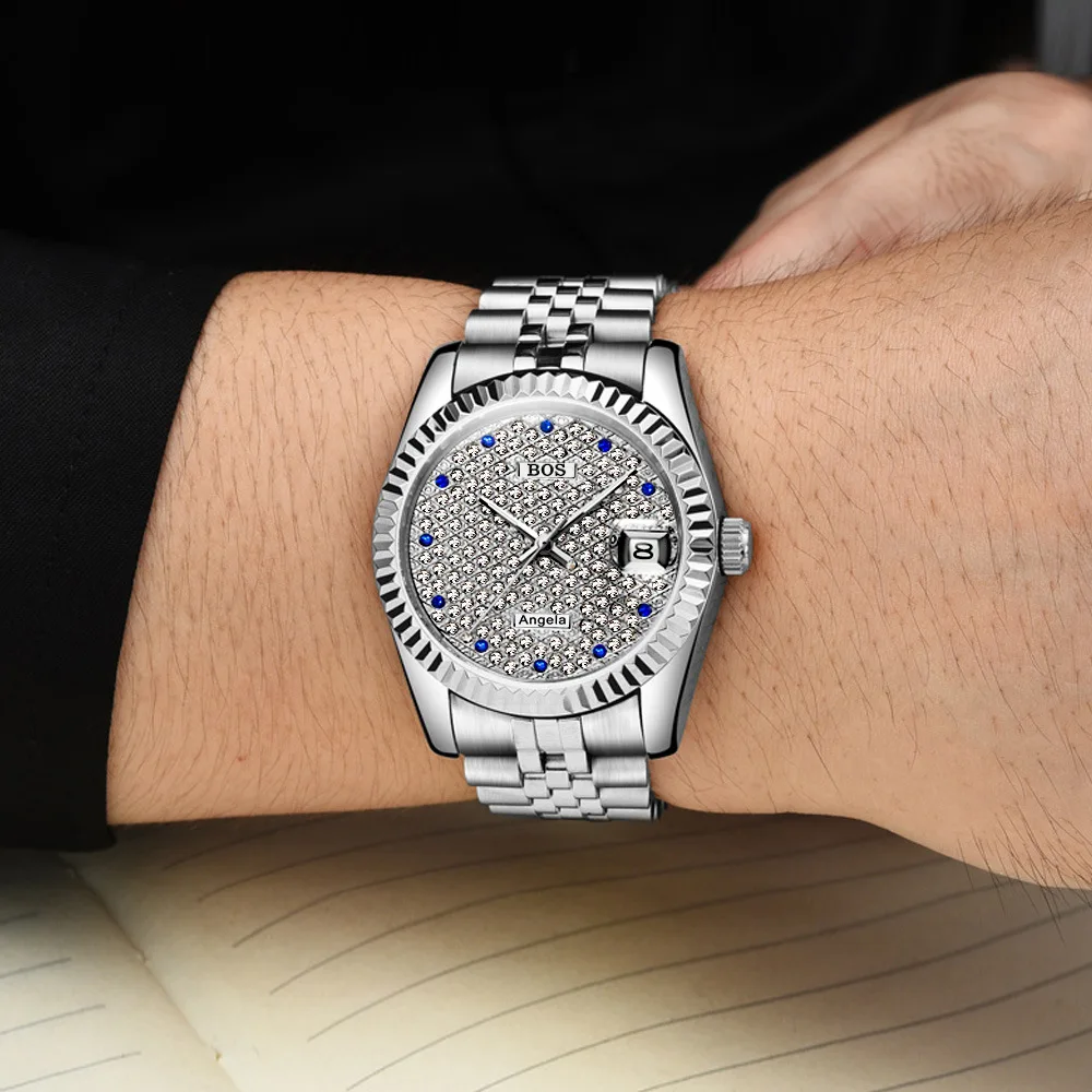 

ANGELA BOS Full Rhinestones Silver Watch Men Top Quality Luxury Automatic Mechanical Date Stainless Steel Waterproof Wristwatch
