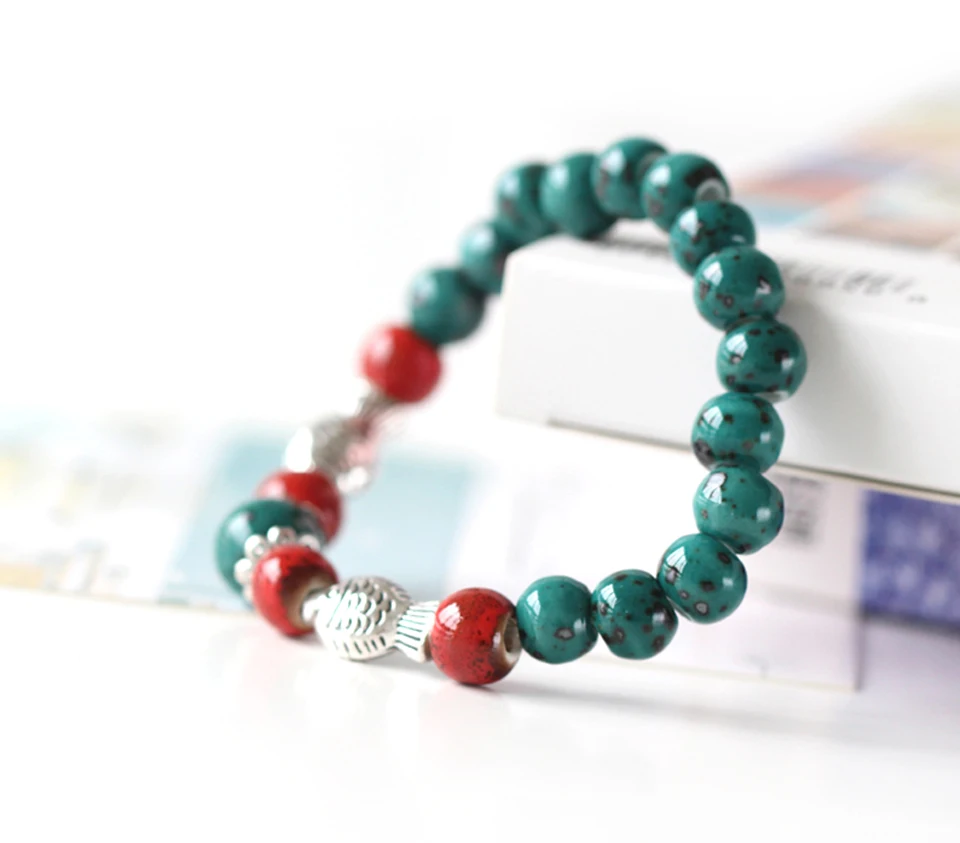 Handmade High Temperature Ceramic Creative Bracelet For Women Fish Shape Lucky Bracelets Bead Green String Ceramic Bracelets (6)