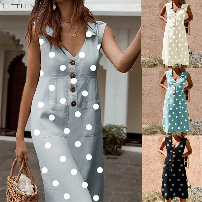 LITTHING Summer Women's Casual Dress Dot Print Boho Dress Feminine Turn-down V-neck Cotton Dress Button Pocket Dress Vestidos
LITTHING Summer Women's Casual Dress Dot Print Boho Dress Feminine Turn-down V-neck Cotton Dress Button Pocket Dress Vestidos