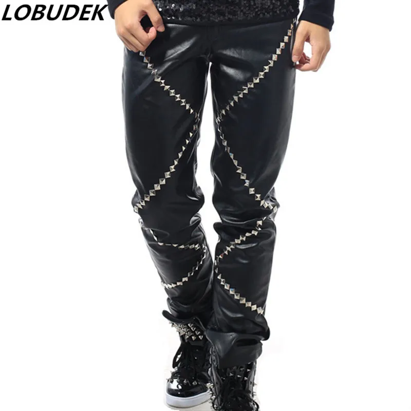 

Black Red Rivet Pants Male DJ DS Costume Men PU Leather Nightclub Punk Singer Rock Hip-Hop Performance Stage Trousers