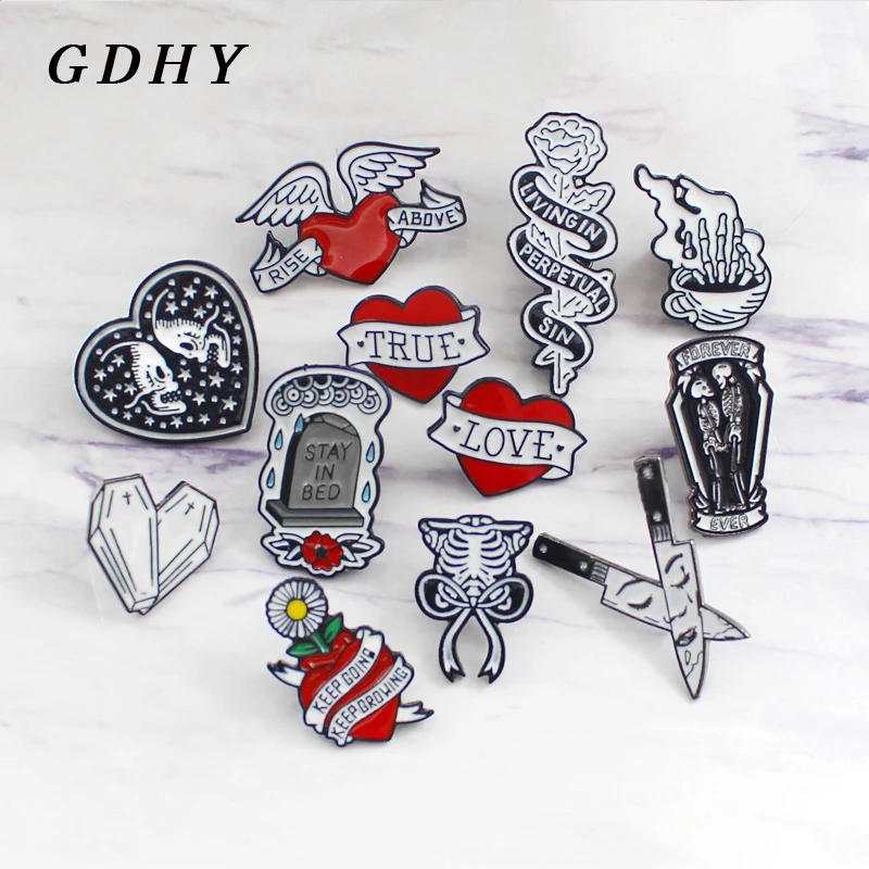 Gothic"True,Love"Red Heart Ribbon Wing Flower Brooch Tombstone Coffin Skeleton Skull Hand Bone Double Knife Badge Brooch Jewelry
Gothic"True,Love"Red Heart Ribbon Wing Flower Brooch Tombstone Coffin Skeleton Skull Hand Bone Double Knife Badge Brooch Jewelry
