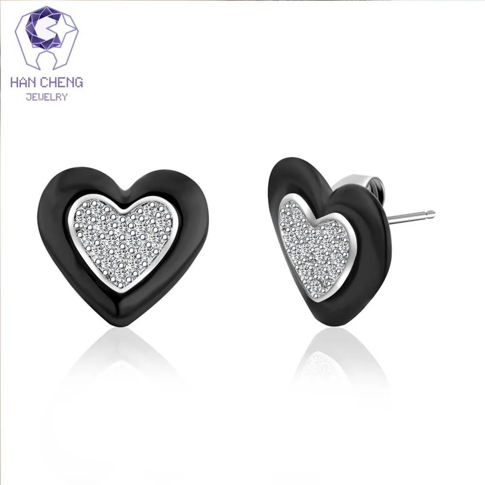 HanCheng New Fashion Silver Plated Nail Gem Stone Cubic Zirconia Ceramic Heart Stud Earrings For Women Jewelry brincos bijoux | Украшения и