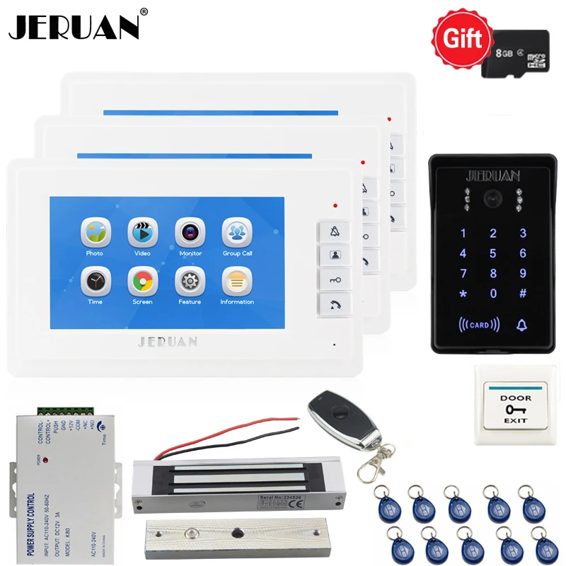 

JERUAN 7`` LCD Video Doorbell Door Phone Video Recording Intercom System kit 3 Monitor + Waterproof password Access Camera 1V3