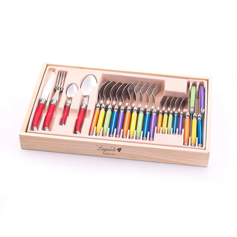 24pcs Laguiole Style Dinnerware Set in Wood Box Stainless steel Steak Knife Teaspoon Multicolor Handle Cutlery Christmas Gift
24pcs Laguiole Style Dinnerware Set in Wood Box Stainless steel Steak Knife Teaspoon Multicolor Handle Cutlery Christmas Gift