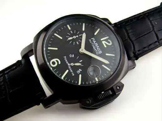 Parnis 44mm power reserve black dial date movement seagull automatic leather strap men watch | Наручные часы
