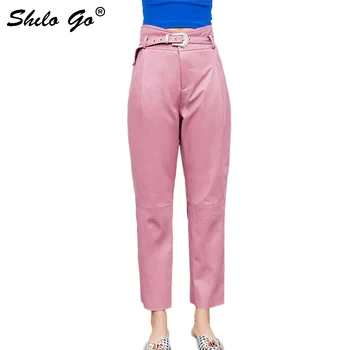 Elegant Leather Pants Womens Streetwear Belt Asymmetry High Waist Sheepskin Genuine Leather Harem Pants Concise Female Capris 
Elegant Leather Pants Womens Streetwear Belt Asymmetry High Waist Sheepskin Genuine Leather Harem Pants Concise Female Capris