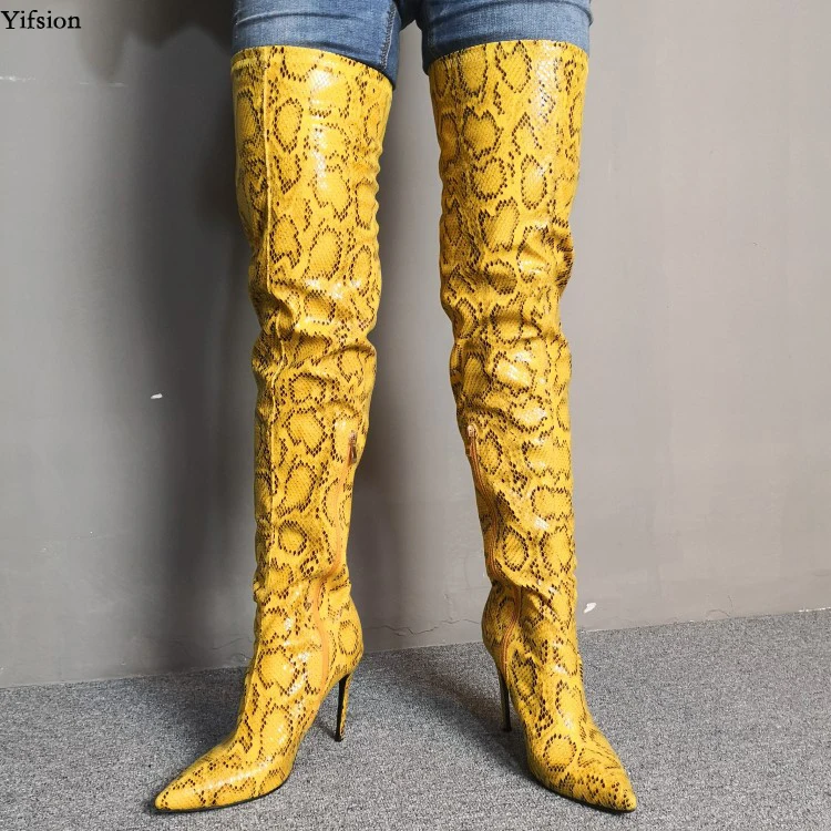 

Olomm New Women Over The Knee Snake Pattern Boots Thin High Heels Boots Sexy Pointed Toe Yellow Party Shoes Women US Size 5-15