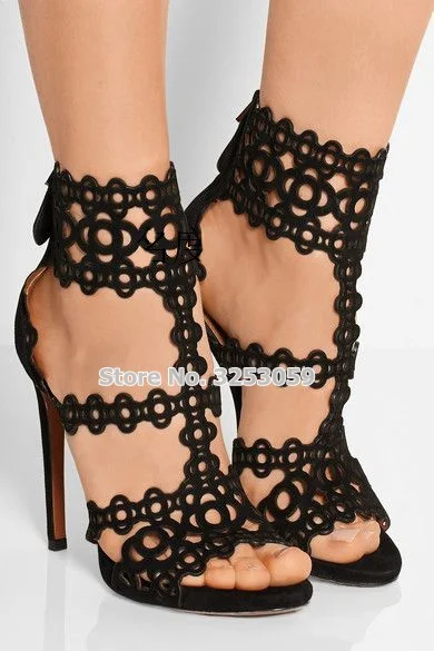 

ALMUDENA Gorgeous Black Suede Criss Cross T-bar Cut-out Sandals Thin High Heels Laser Cut Floral Dress Shoes Stiletto Heel Pumps