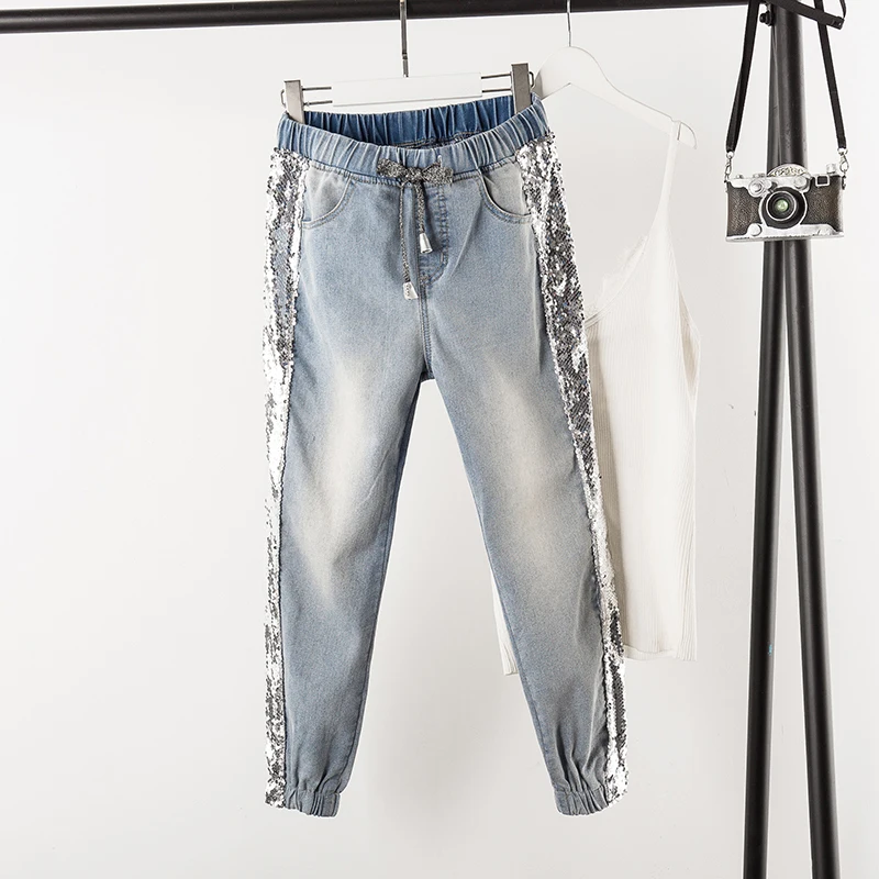 Ins Fashion Sequins Side Jeans Women Loose Elastic Waist Casual Bunch Foot Big Code Harlan Pants Plus Size Jeans Spring Autumn
Ins Fashion Sequins Side Jeans Women Loose Elastic Waist Casual Bunch Foot Big Code Harlan Pants Plus Size Jeans Spring Autumn