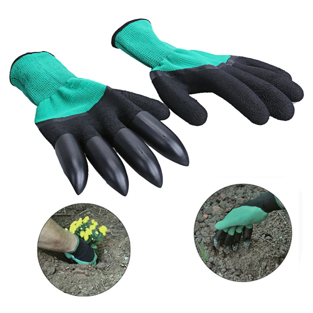 Image 1 Pair Rubber Polyester Builders Garden Latex Gloves with 4 ABS Plastic Claws for garden Digging Planting raking Garden Glove
