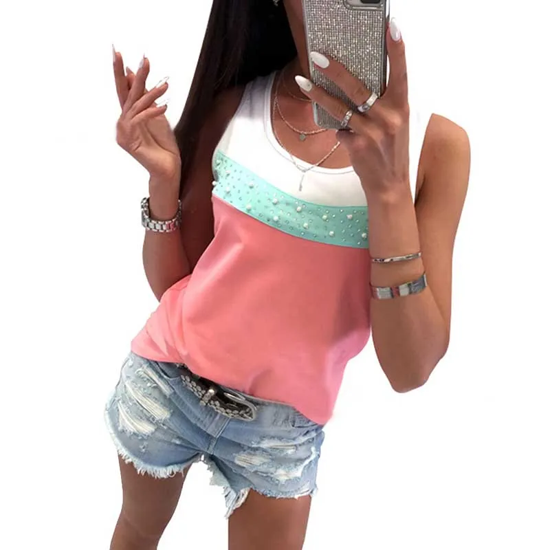 T-shirt women 2019 fashion new arrival hot summer style Europe drill nail bead color patchwork vest tshirt pink yellow green
T-shirt women 2019 fashion new arrival hot summer style Europe drill nail bead color patchwork vest tshirt pink yellow green