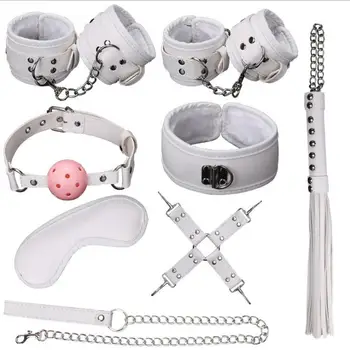 

7pcs Couples Sex Accessories Sets Leather Handcuffs Bdsm Collar Ankle Cuffs Fetish Mask Mouth Gag Ball Whip Bondage Restraints