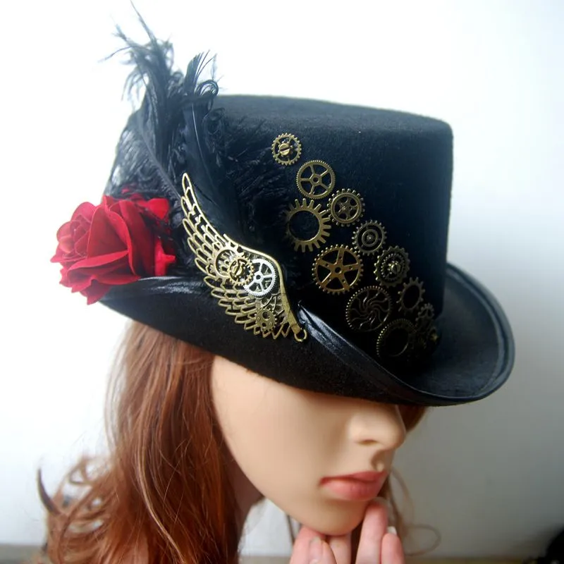 Retro Vintage Unisex Steampunk Rose Gears Black Top Hat with Wings and Feather Gothic Victorian Hat Halloween Lolita Cosplay Hat
Retro Vintage Unisex Steampunk Rose Gears Black Top Hat with Wings and Feather Gothic Victorian Hat Halloween Lolita Cosplay Hat