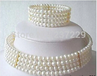 Wholesale price FREE SHIPPING a^4 Rows Genuine White Pearl Necklace Bracelet Set (A0423) -Bride jewelry free shipping