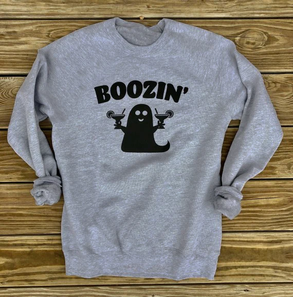 BOOZIN'S Ghost Crewneck Boos Halloween Sweatshirt Funny Popular Boozin fantasma Printed Gray Cotton Tops Outfits | Женская одежда