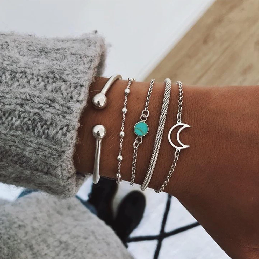 5 Pcs/set Bohemian Vintage Bangle Bracelets Moon Gem Beaded Silver Chain Bracelet Set Women Charm Party Jewelry Accessories
5 Pcs/set Bohemian Vintage Bangle Bracelets Moon Gem Beaded Silver Chain Bracelet Set Women Charm Party Jewelry Accessories