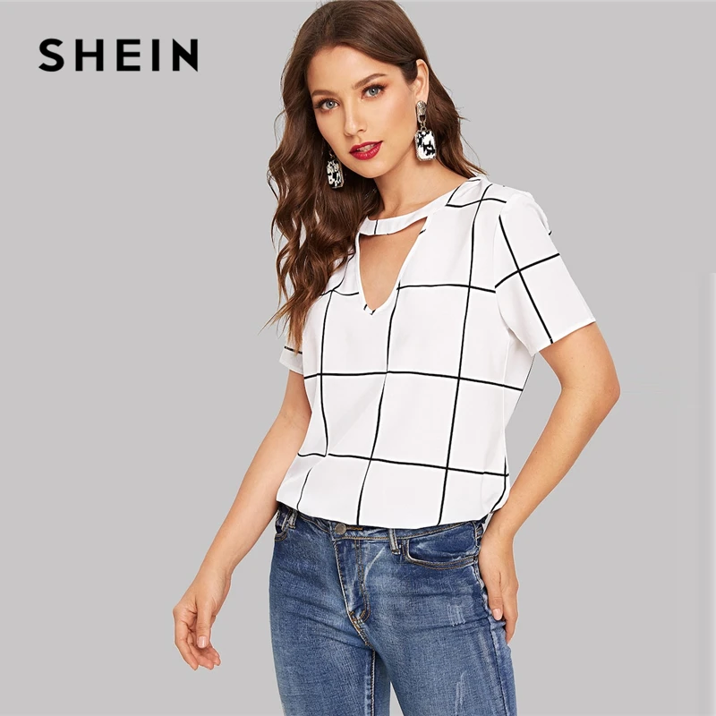 SHEIN V Cut Neck Keyhole Back Grid Plaid Top Blouse Women Summer Morden Lady Short Sleeve Office Lady Casual Tops and Blouses
SHEIN V Cut Neck Keyhole Back Grid Plaid Top Blouse Women Summer Morden Lady Short Sleeve Office Lady Casual Tops and Blouses