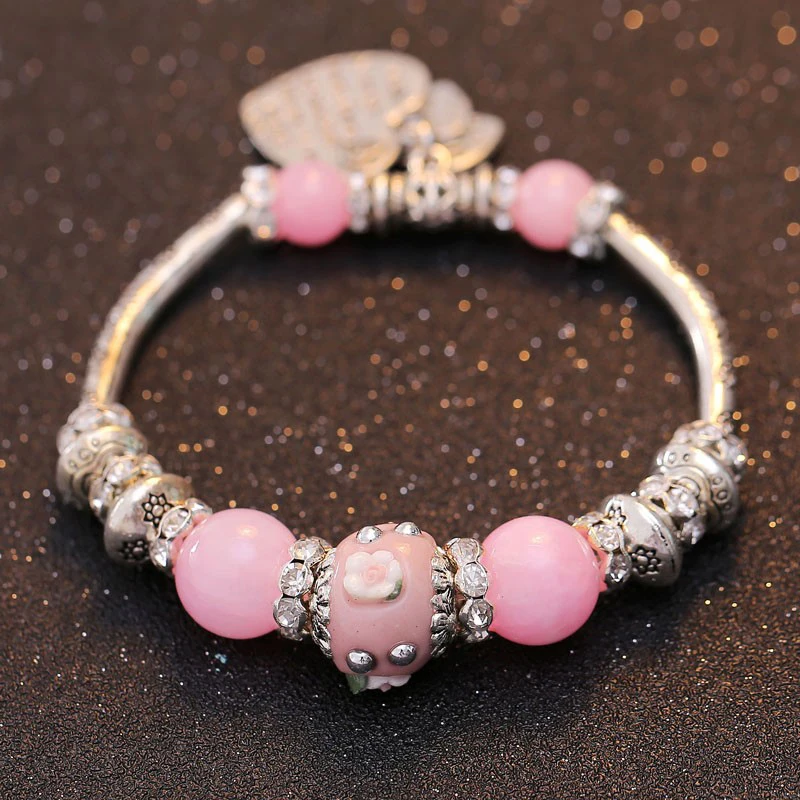 TDQUEEN Vintage Charm Bracelets for Women Silver Plated Metal Crystal Beads Rose Flower Charm Multi Color Round Beads Bracelets (7)