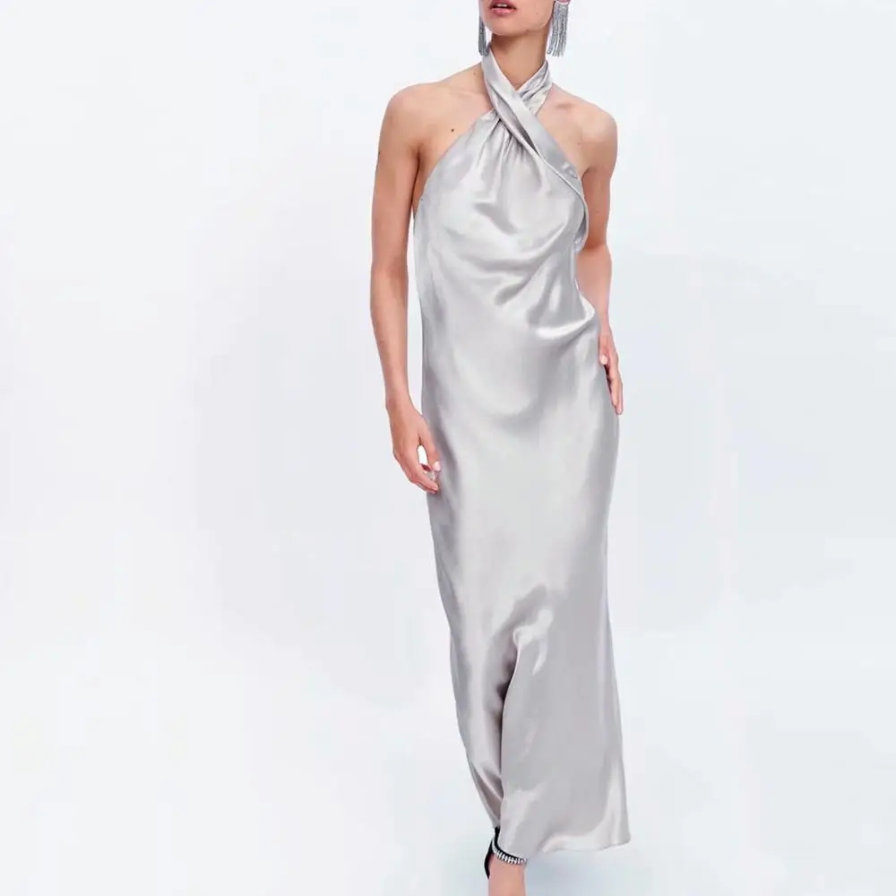 Summer silver satin dress women crossing halter sleeveless off shoulder backless slim lady elegant Evening maxi dress vestidos
Summer silver satin dress women crossing halter sleeveless off shoulder backless slim lady elegant Evening maxi dress vestidos