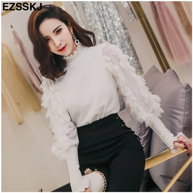 2018 Ruffled Collar Knitted Women Sweater Spring Autumn Loose Jumper Fashion Flowers Sleeves Sweater and Pullover Femme Pull
2018 Ruffled Collar Knitted Women Sweater Spring Autumn Loose Jumper Fashion Flowers Sleeves Sweater and Pullover Femme Pull