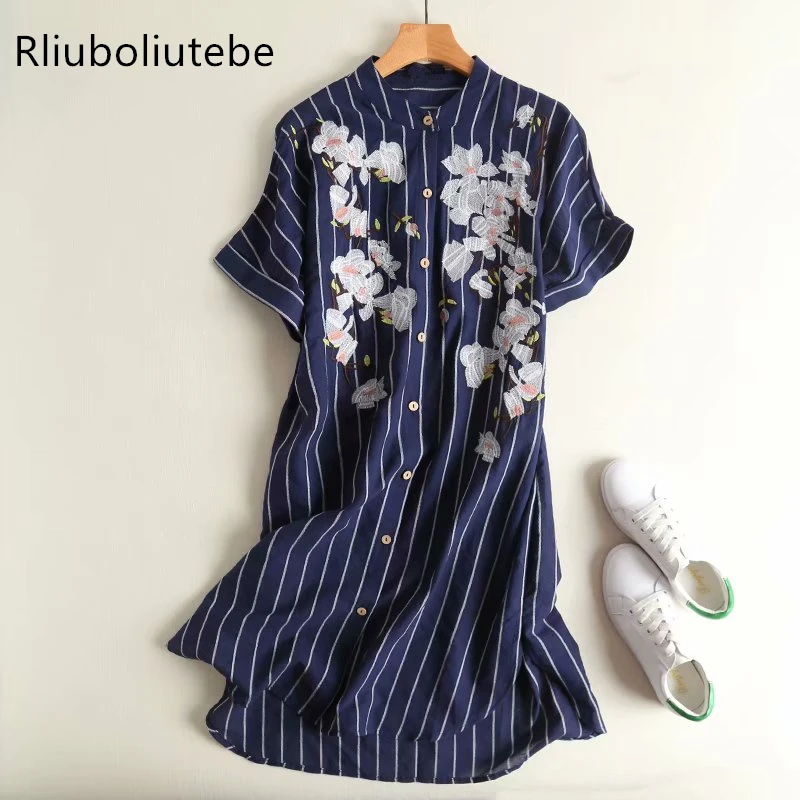 Embroidered Summer Striped Shirt Dress Loose Button Up O Neck Short Sleeves vestido Women Floral Work Office Dresses Blue
Embroidered Summer Striped Shirt Dress Loose Button Up O Neck Short Sleeves vestido Women Floral Work Office Dresses Blue