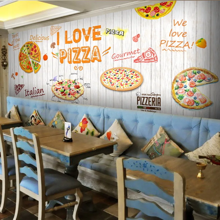 Image Free Shipping Pizza snack restaurant pizza burgers large mural wallpaper 3D Wood blackboard graffiti wallpaper