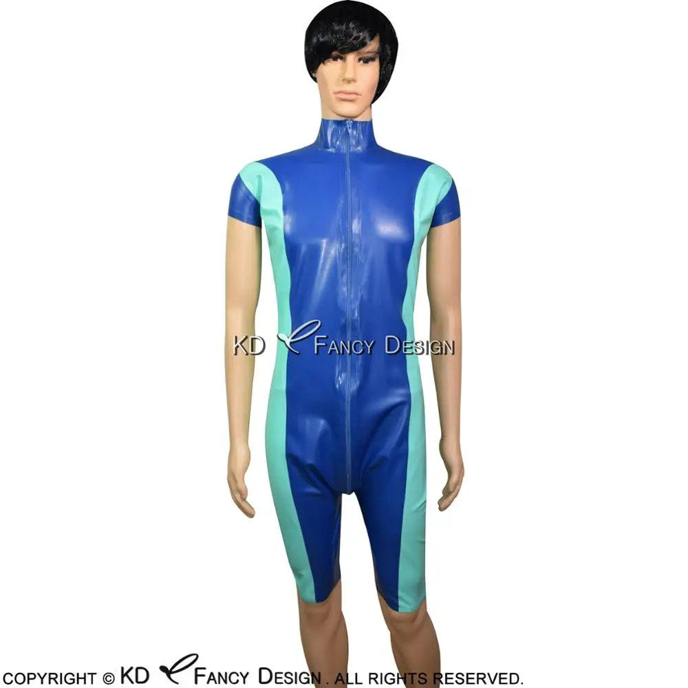 

Blue With Jade Green Sexy Latex Catsuit With Front To Crotch Zipper Short Legs Rubber Bodysuit Overall Zentai Body Suit LTY-0073