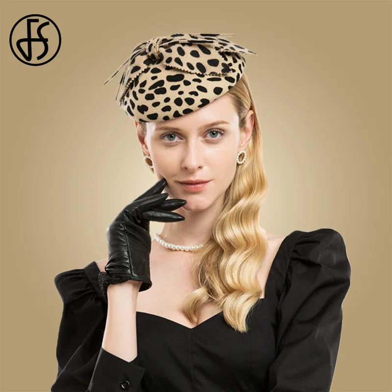 

FS Fascinators Leopard Women Pillbox Hat With Bow Felt Black Wool Wedding Hats Church Fedoras Vintage Cocktail Derby Party Cap