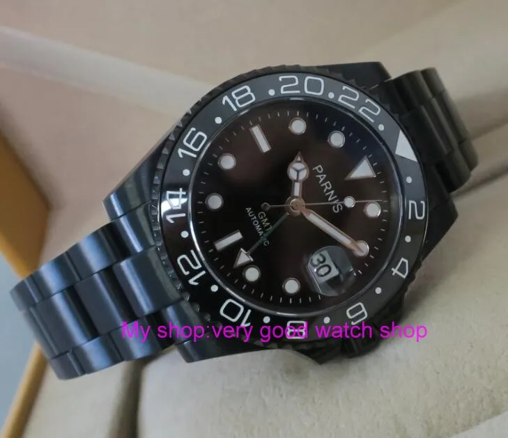

40MM PARNIS GMT Automatic Self-Wind movement black Ceramic bezel Sapphire Crystal luminous men's watch PVD case 0139