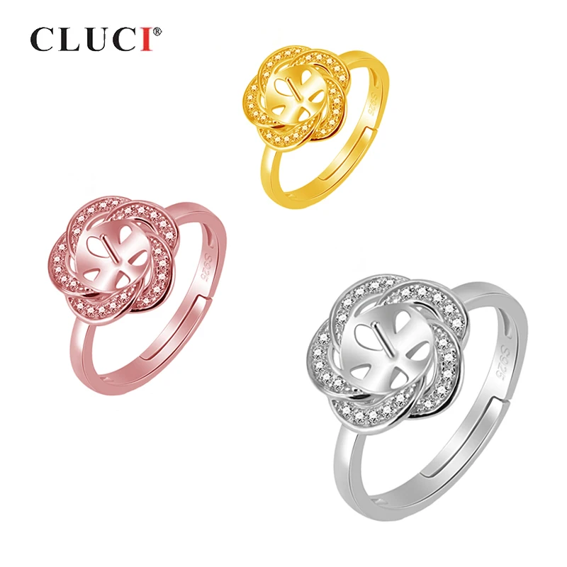 CLUCI Silver 925 Rose Gold Flower Women Ring Adjustable Zircon Pearl Mounting Sterling SR2098SB | Украшения и аксессуары