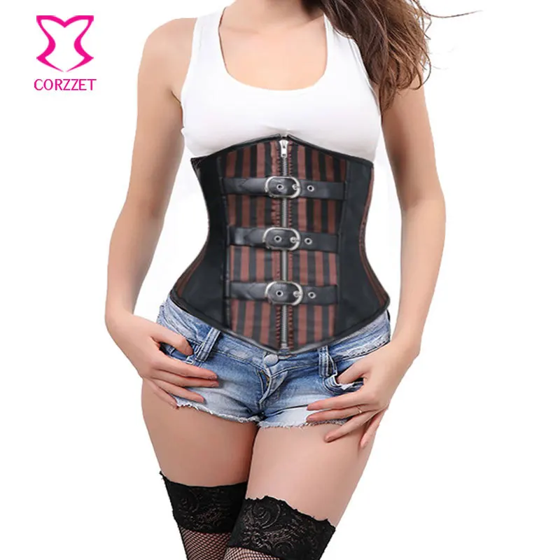 Gothic Steampunk Costume Black Leather&Satin Stripe Pattern Women Sexy Corset Underbust Waist Trainer Corsets With Steel Boning
Gothic Steampunk Costume Black Leather&Satin Stripe Pattern Women Sexy Corset Underbust Waist Trainer Corsets With Steel Boning