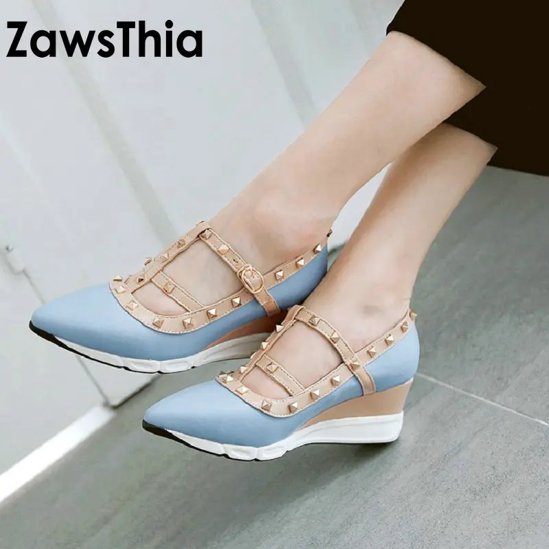 ZawsThia 2020 autumn summer fashion blue pink woman shoes pointed toe wedges platform high heels pumps T-strap shoes with rivets
ZawsThia 2020 autumn summer fashion blue pink woman shoes pointed toe wedges platform high heels pumps T-strap shoes with rivets