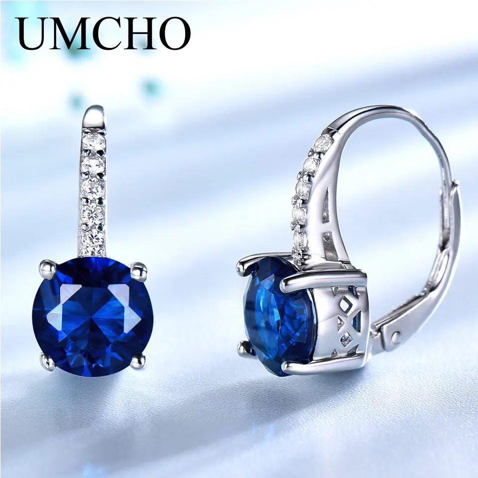

UMCHO Created Blue Sapphire Gemstone Clip Earrings For Women Solid 925 Sterling Silver Wedding Engagement Party Fine Jewelry New