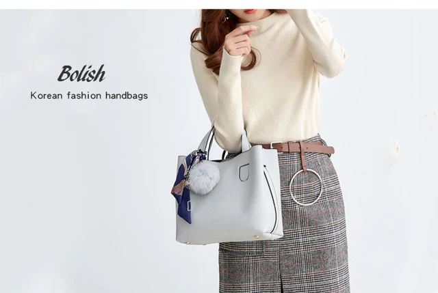 Bolish Litchi Pattern Soft PU Leather Women Handbag Two Pieces Female Shoulder Bag Girls Messenger bag Casual Women Bag 4