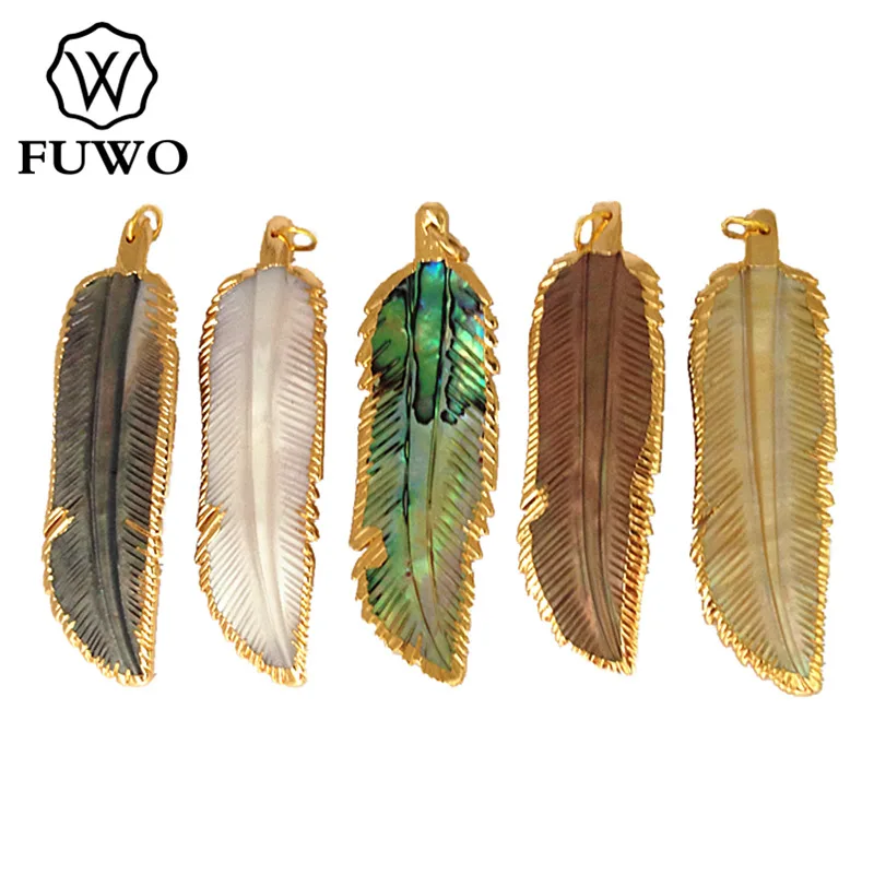 

FUWO Natural Shell Feather Tribe Pendant 24K Gold Electroplate Big Size Freshwater Abalone Shell Fashion Jewelry Wholesale PD508