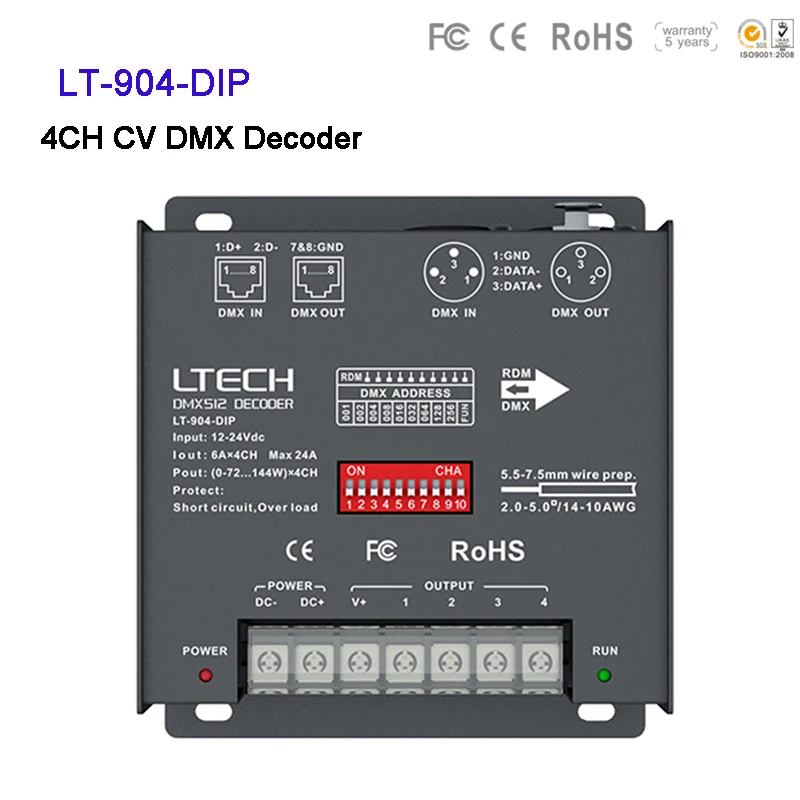

LTECH LT-904-DIP 4 Channel LED DMX decoder DC12V-24V 6A*4CH Max. 24A 576W output XLR-3/RJ45 4CH CV DMX Decoder led controller