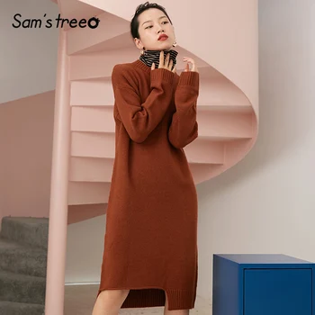 

SAM'S TREE Solid Striped Turtleneck Patchwork Knit Minimalist Sweater Dress Women 2019 Autumn Long Sleeve Casual Female Dresses