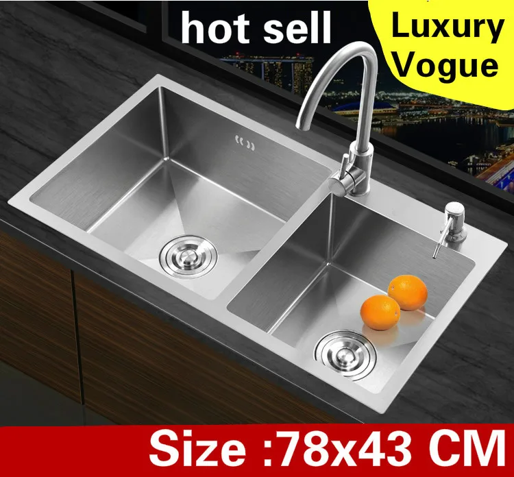 

Free shipping Apartment luxury wash vegetables 304 stainless steel kitchen manual sink double groove hot sell 780x430 MM