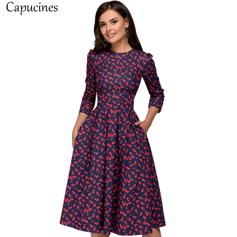 Capucines Elegant Pockets Print A-line Dress Autumn 2019 Women 3/4 Sleeves O-neck Casual Dress for Women Vintage Party Dresses
Capucines Elegant Pockets Print A-line Dress Autumn 2019 Women 3/4 Sleeves O-neck Casual Dress for Women Vintage Party Dresses