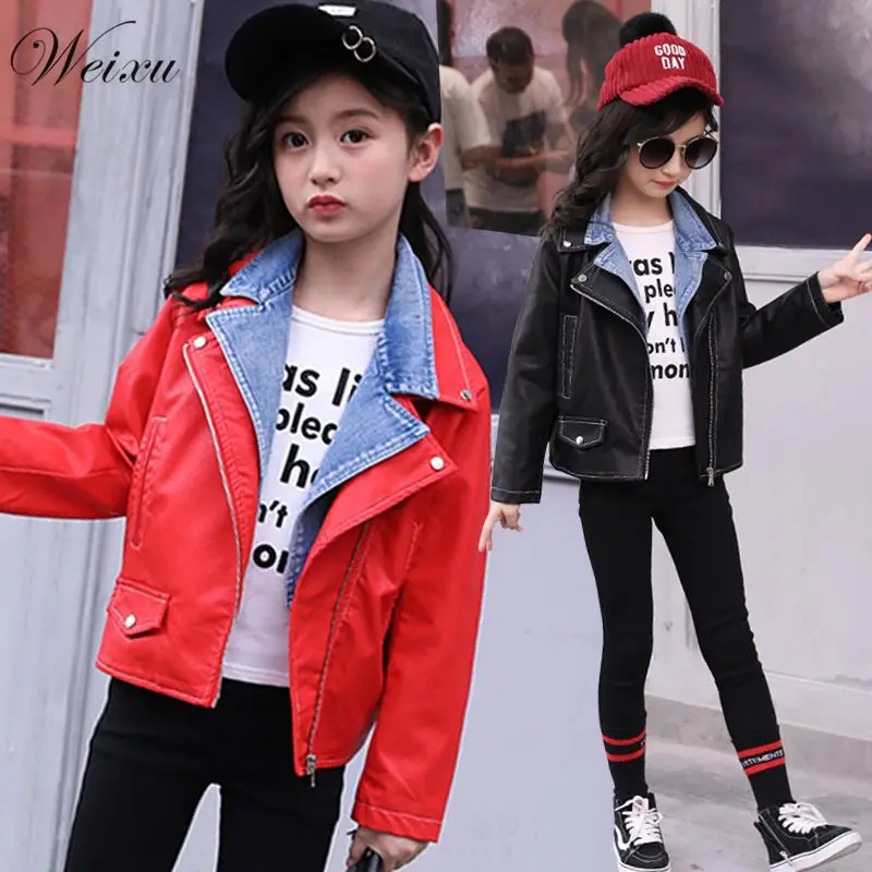 2018 Children's Leather Jackets for Girls Fashion Cowboy Collar Coat Children's Autumn Outerwear Clothes for Girls 12 Years Old