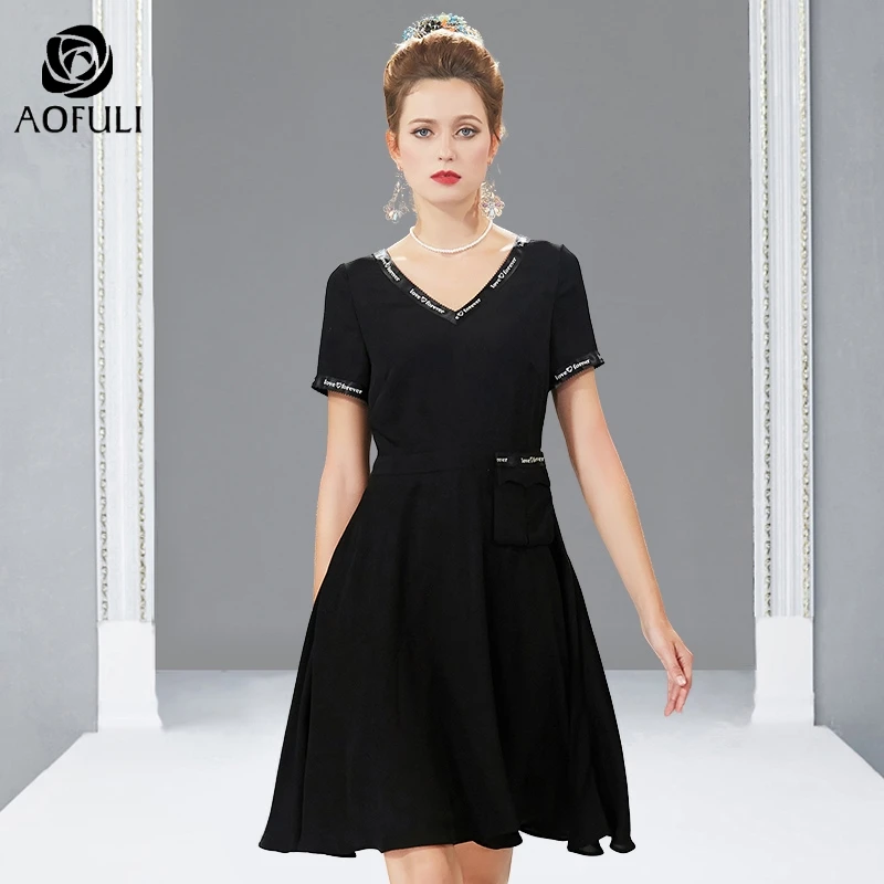 AOFULI women summer small black dress with pocket letters short sleeve V-neck collar skater dresses L- 4XL 5XL A4030
AOFULI women summer small black dress with pocket letters short sleeve V-neck collar skater dresses L- 4XL 5XL A4030