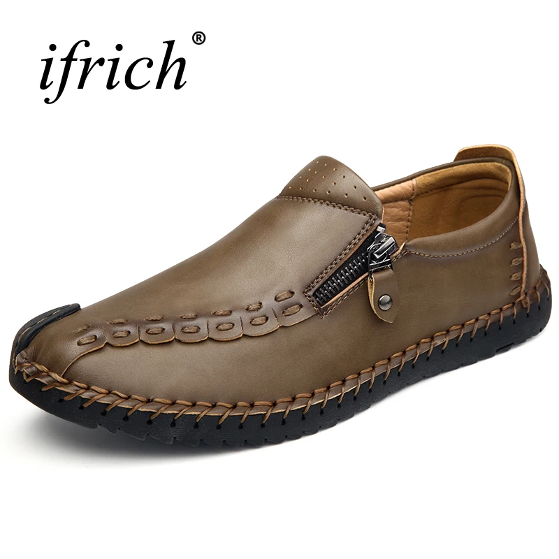 Casual Shoes Men Brown Gray Genuine Leather Zip Footwear Men's Shoes Casual Fashion Rubber Mens Comfortable Trainers