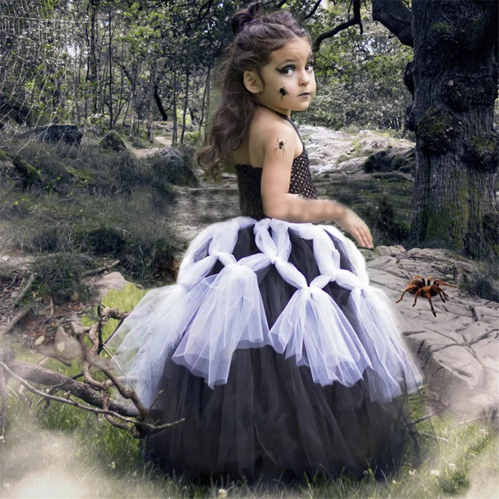 

Black White Spider Web Witch Costume Kids Tutu Dress Handmade Tulle Halloween Costume Children Monster Pageant Gown Dress