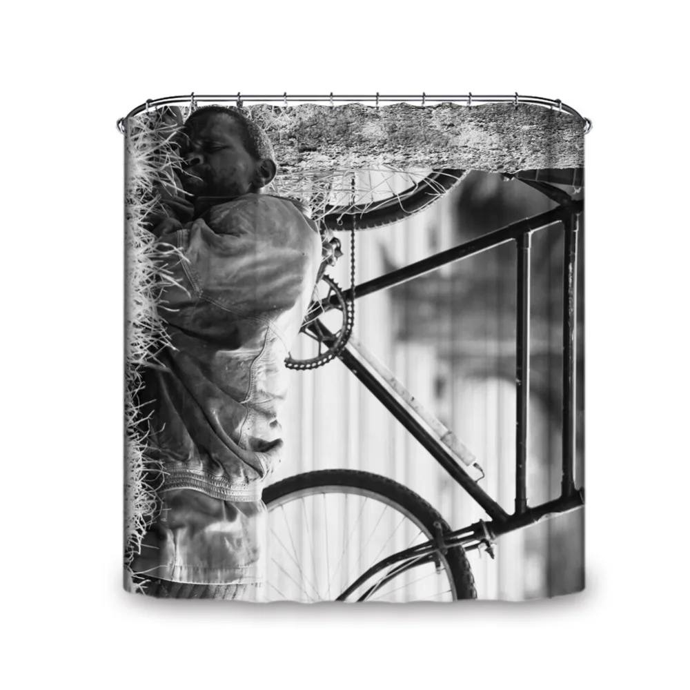 Image Recumbency Man beside Bicycle True Life Artistic Style Realistic Pattern Shower Curtain Waterproof and Mould Proof for Bath