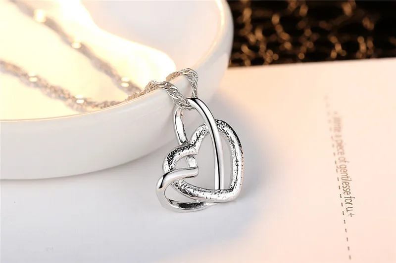 585 White Gold Plated Double Heart Pendant Necklace Clavicle Elegant Lady Heart Pendant Love Scrub Heart Shaped Necklace (3)