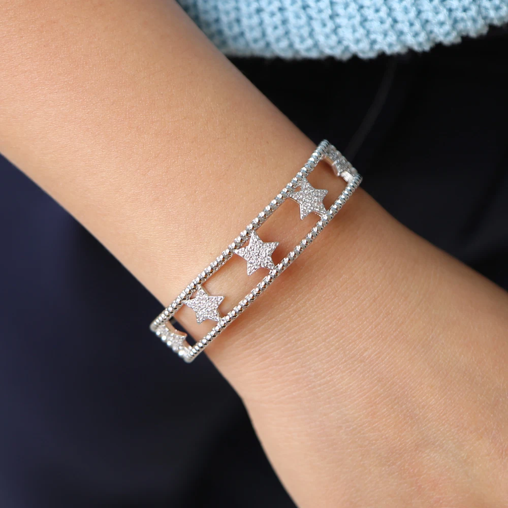 

Fashion bohemian jewelry double layers bangle bracelet bezels stars with shinning cz charm open cuff bracelets for women New
