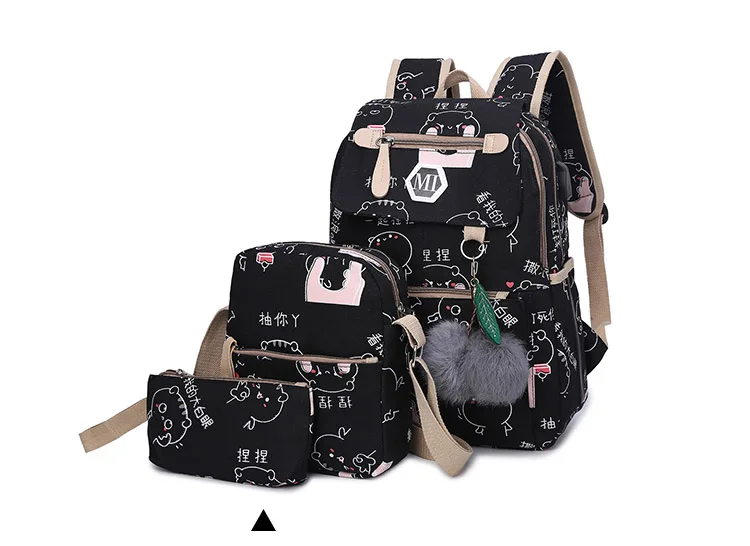 2018 USB Charging Canvas Backpack 3 Pcs/set Women School Backpacks Schoolbag For Teenagers Man Student Book Bag Boys Satchel 24