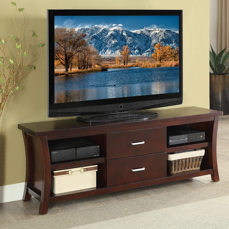 Wooden TV Stand With 2 Drawers and 4 Shelves, Espresso Brown