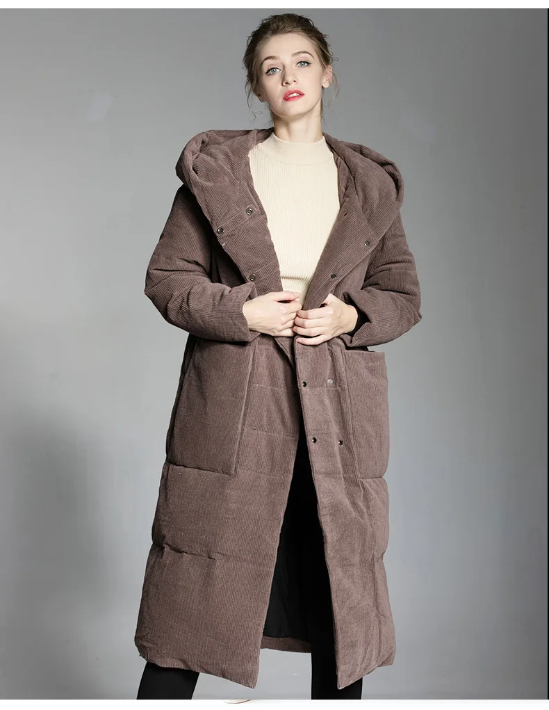 Winter New Down Jacket Corduroy Long White Duck Down Ms Jackets Thick Warm Overcoat Korean Brand Coat female Hooded Big Pocket (2)